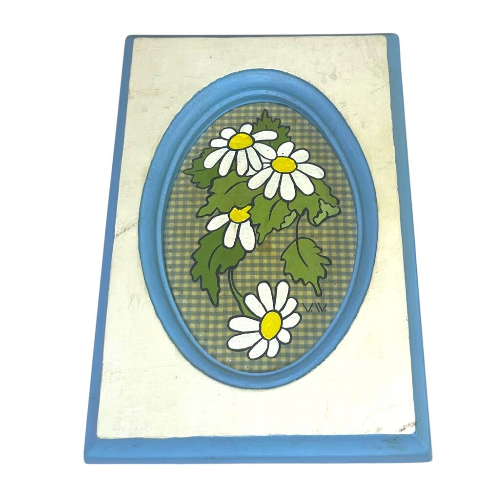 Vintage 70s Hand Painted Daisy Fabric Wall Art Chalkware Style Folk Art 8"